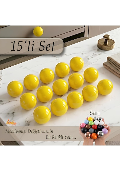 15 Adet Sert Plastik Düğme Yuvarlak Top Sarı Dolap Mobilya Mutfak Dolabı Çekmece Kulbu Kulpu Kulplar