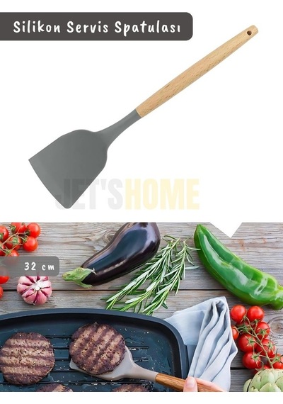 Silikon Servis Spatula Mutfak Kaşığı Pasta Spatulası Ahşap Saplı 32 Cm Gri