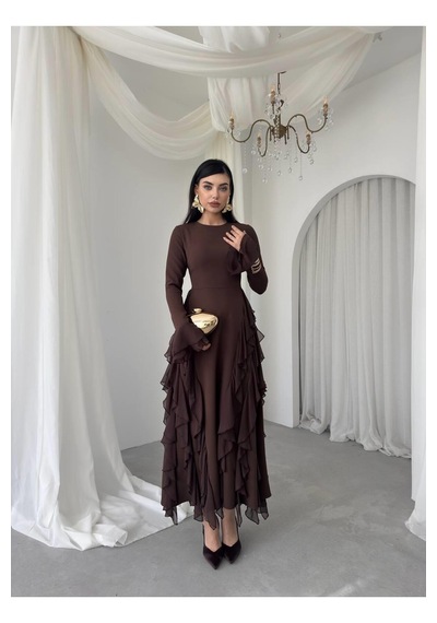 Nils Butik Fırfır Detaylı Abiye Elbise Kahverengi
