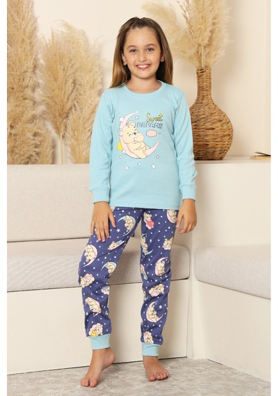 Kız Çocuk %100 Pamuk İnterlok Kumaş Pijama Takımı 6-15 Yaş 12421 Açık Mavi
