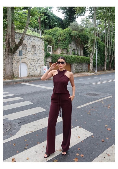 Kechi Woman Linda Twill Kumaş Boyundan Geçmeli Takım Bordo