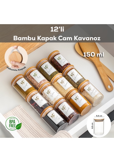 Porsima 3179 Vakumlu Bambu Kapaklı Cam Baharatlık Seti 12 Parça Şeffaf