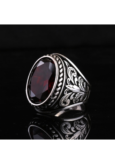 Fkgümüş 925 Ayar Gümüş Ruby Taşlı Yaprak Desenli Erkek Yüzük
