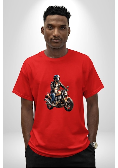 Kask Motorsiklet Dünya Turu Pamuklu Bisiklet Yaka Unisex Oversize Boyfriend Dijital Baskılı Kırmızı T-shirt Kırmızı