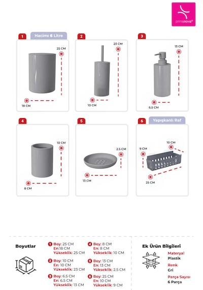 Primanova Flores Banyo Seti + Yapışkanlı Raf Gri