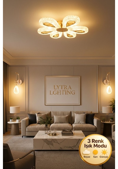 Damla Model 6"lı Gold 3 Renk Modu Ledli Modern Tavana Sıfır Salon Mutfak Çocuk Yatak Odası Led Avize Gold