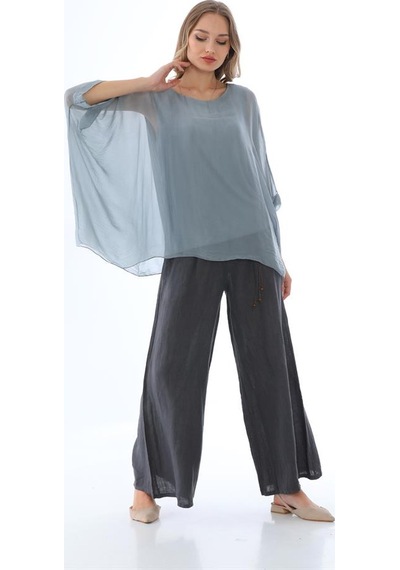 Bohem Stil İtalyan Yarasa Kol İpek Bluz-8869 Gri
