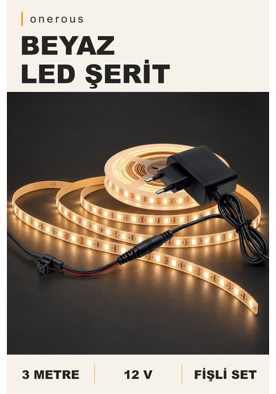 Onerous 3 M 12v Beyaz Led Şerit, Fişli
