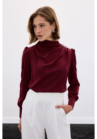 Sateen Düğmeleri Taş Detaylı Bluz - Bordo-136421 Bordo