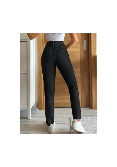 Kene Jeans Yüksek Bel Tam Kalıp Mom Jeans Siyah