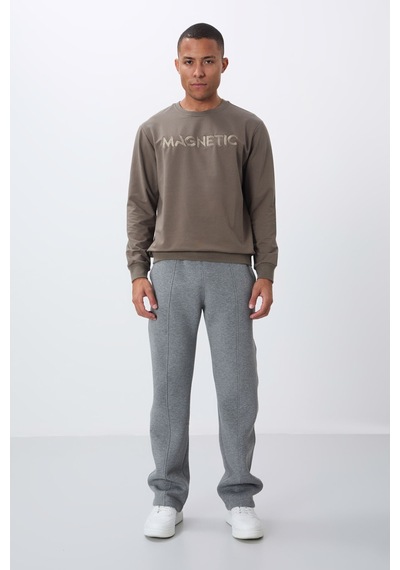 Tommy Life Koyu Bej Yazı Nakışlı O Yaka Rahat Form İçi Polarlı Erkek Sweatshirt - 88020 Koyu Bej