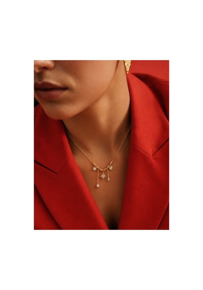 Pearl Collection Serena Yıldız Figürlü İnci Ve Taş Detaylı Sallantılı Gold Çelik Kadın Kolye Altın Altın