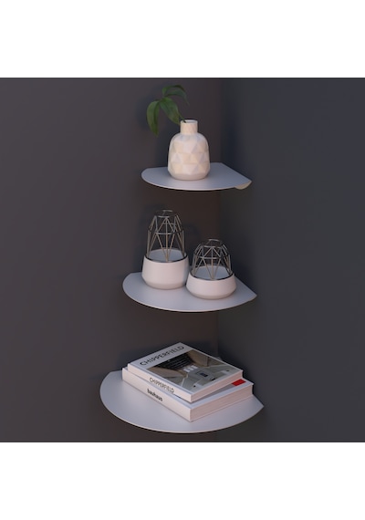 Oval Metal 3'lü Duvar Köşe Rafı Modern Dekoratif Raf Seti Beyaz