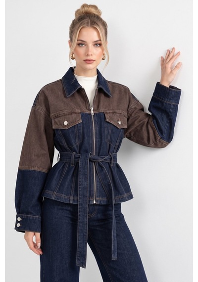 Saade Lacivert Belden Bağlamalı İki Renkli Denim Ceket Ve Pantolontakım