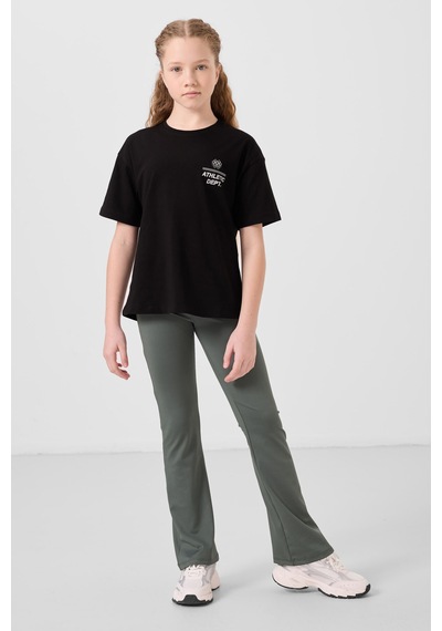 Siyah Pamuklu O Yaka Oversize Fit Baskılı Kız Çocuk T-shirt - 75178 Siyah