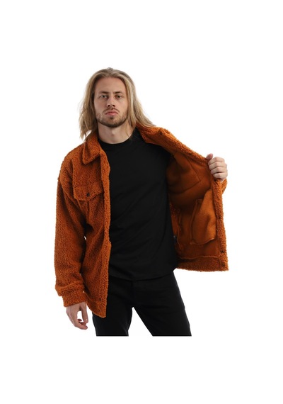 Polostate Erkek Kıvırcık Peluş Cıt Cıt Kapamalı Oversize Ceket Tarçın