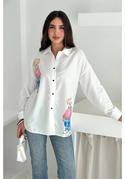 Asprin Fashion Ayıcık Baskılı Gömlek Beyaz Beyaz