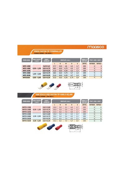 200 Adet Maasco Tam Izoleli Dışı Faston + Erkek 4-6 Mm2 Kablo