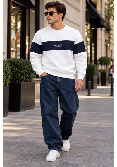 Tarz Cool Erkek Şerit Detaylı Believe Baskılı 3 İplik Şardonlu Bisiklet Yaka Sweatshirt Beyaz