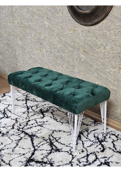 Zafir Beyaz Boyalı Tel Ayaklı 90 Cm Puf Bench - Puf - Bench - Kasalı Oturak - Oturak - Yatak Ucu Puf Yeşil