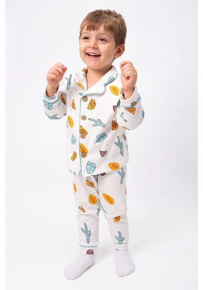 Miniğimin Cicileri Kaktüs Baskılı Karakterli Düğmeli Unisex Çocuk Pijama Su Yeşili