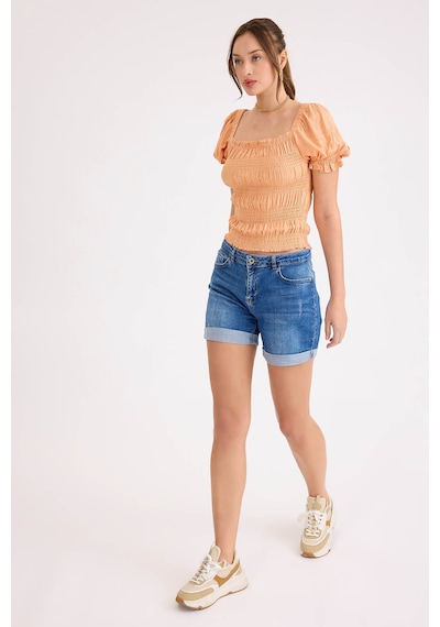 Vitrin Kare Yaka Viskon Keten Crop Bluz Kayısı