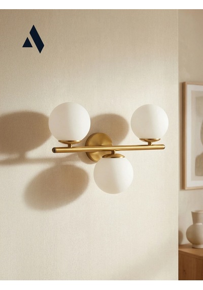 Trivon Üçlü Cam Aplik Beyaz & Bal Renk Seçenekli, Gold Metal Gövde Modern Duvar Aydınlatma Beyaz