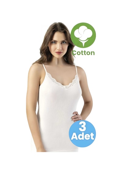 Tezzgelsin Kadın 3'lü İp Askılı V Yaka Dantelli Pamuklu Atlet Beyaz