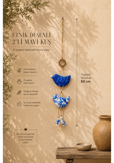 Maris - Etnik Desenli 2'li Kuş Dekoratif Duvar Süsü - Mavi