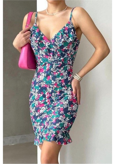 DefyModa Kadın Şık Simli Kumaş V Yaka Volanlı Mini Askılı Elbise Saks