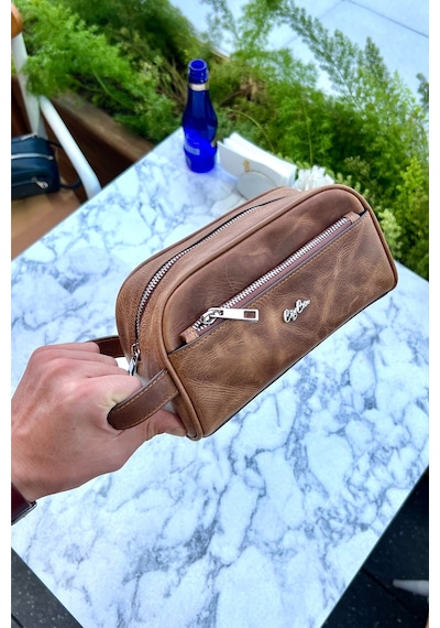 Marble Antik Taba Hakiki Deri Erkek El Çantası Günlük-seyahat-spor-traş Bakım Antik Taba