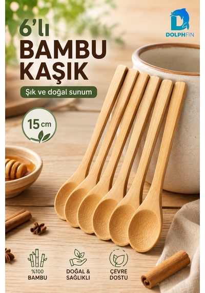 6 Lı Bambu Kaşık Seti 15 Cm Doğal Ahşap Baharat Ve Sunum Kaşığı