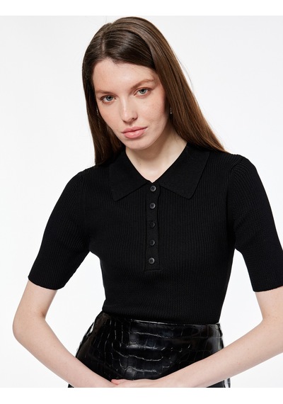 Koton Regular Fit Yarım Düğmeli Kısa Kollu Polo Yaka Triko Kazak Siyah 6wak90338ht Siyah