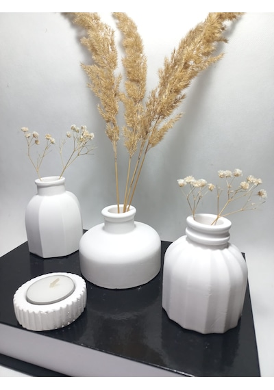 Modern Minimal Vazo Set 3'lü, Ev & Ofis Hediyelik, Dekoratif Obje, Beyaz