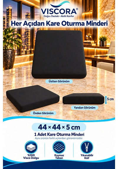 Visco Kare Oturma Minderi Ofis Koltuğu, Sandalye Ve Ev İçin Kaymaz Minder 44 44 5 Cm