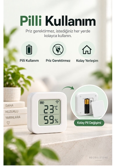 Wifi Lcd Ekranlı Pilli Sıcaklık Ve Nem Sensörü Fonri, Tuya, Smart Life, Google Assistant, Amazon Al