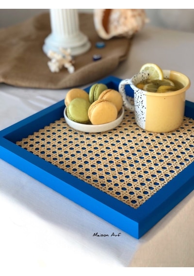 Rattan Hazeran Kare Tepsi Alaçatı Mavisi %100 Doğal Hazeran M028