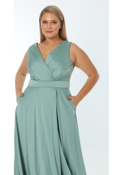 Ladies First Büyük Beden 3434 Küf Yeşili Uzun Abiye Elbise