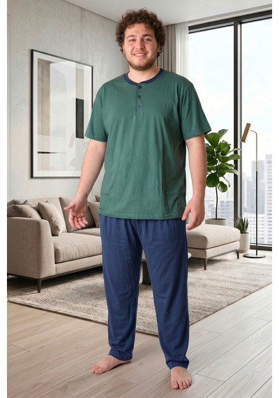 Bravie Erkek Yakası Düğmeli Altı Uzun Kısa Kollu Pamuklu Büyük Beden Yazlık Pijama Takımı Yeşil Yeşill