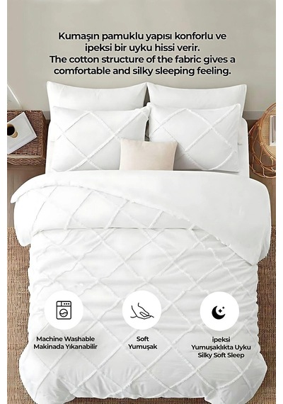Evlen Home Pamuklu Aimar Yatak Örtüsü Takımı Çift Kişilik Günlük Boho 3 Parça Elyaf Dolgulu Beyaz Beyaz