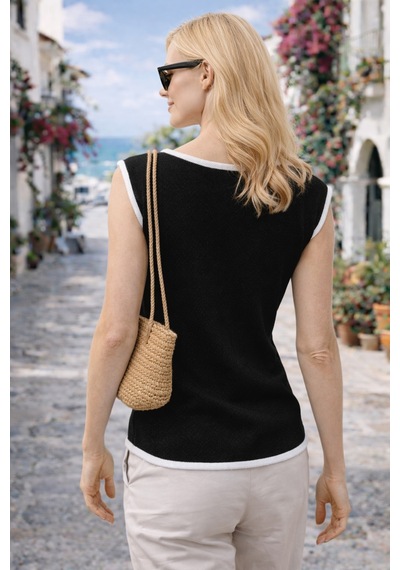 Aqefashion Kadın Kayık Yaka Sosis Yaka Yarasa Kol Beyaz Detaylı Modern Basic Özel Tasarım Siyah Triko Bluz
