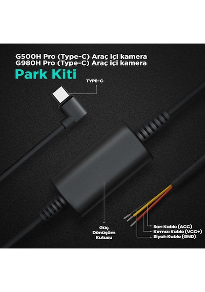 360+ Botslab G980H Pro/G500H Pro Type-C Araç İçi Kamera Park Modu Akü Bağlantı Kablosu (24 Saat Kayıt)