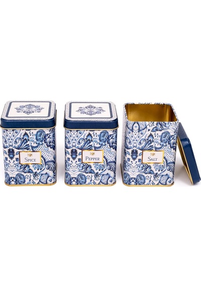 Azulejos Desenli Kare Metal Saklama Kabı 3 Lü Set, 7.5 X 7.5 Cm Çok Renkli