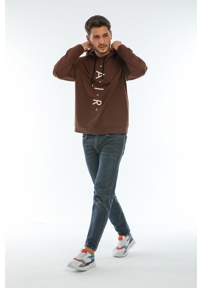 Süperlife Erkek Kapşonlu Regular Fit Air Baskılı İnce Sweatshirt Spr22sw162 Kahverengi