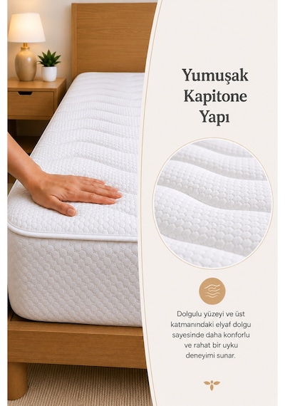 Kapitoneli Fitted Bazalı Sıvı Geçirmez Yatak Alez Koruyucusu Beyaz Beyaz