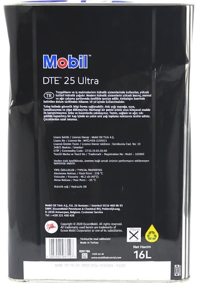 Mobil Dte 25 Ultra Iso Vg 46 Üstün Performanslı Hidrolik Yağı 16 L