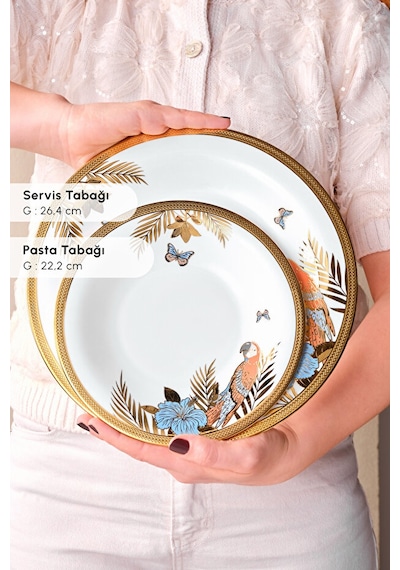 Karaca Royal Bone Golden Palms 55 Parça 12 Kişilik Yemek Takımı Çok Renkli
