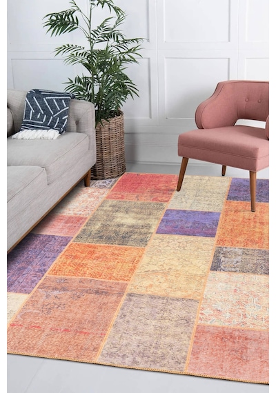 Folk Patchwork Desenli Dokuma Taban Dekoratif Renkli Halı Ba 03 Bej
