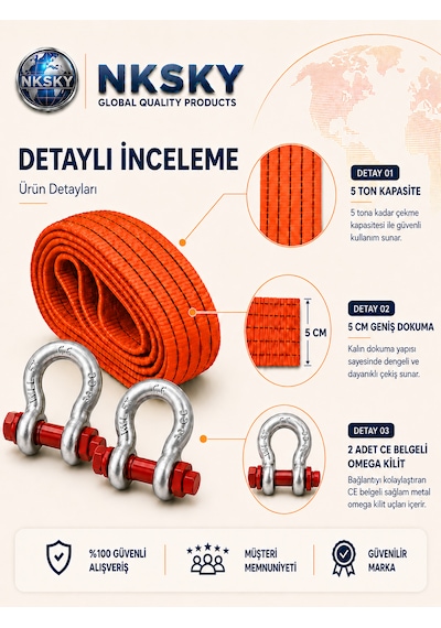 Nksky Ce Belgeli 5 Ton Araç Çekme Halatı 3 Metre 5 Cm Genişlik Omega Kilitli Oto Çeki Halatı Turuncu