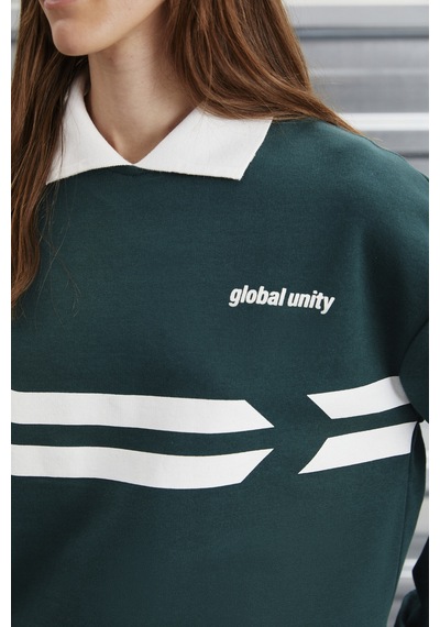 ETHIQUET AR ENE Kadın Içi Polarsız Polo Yaka Parça Baskı Detaylı Yeşil Sweatshirt